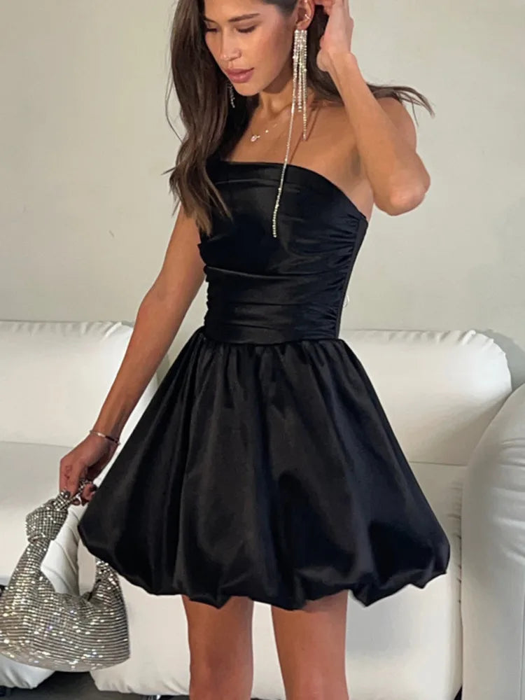 Satin Strapless Pleated Mini Dress for Robe Off-shoulder Backless Sleeveless A-line Bodycon Dress