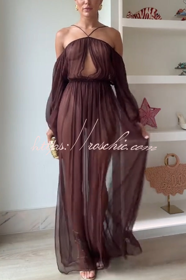 Marsie Semi-sheer Fabric Cutout Off Sholder Elastic Waist Slit Maxi Dress