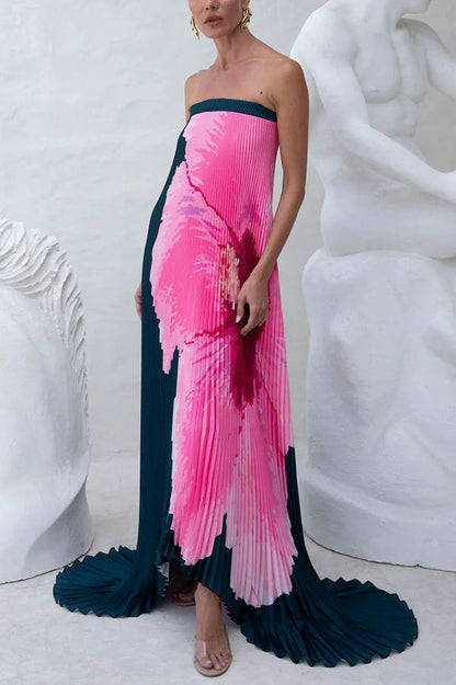 All About Her Pleated Print Off Shoulder A-line Maxi Dress