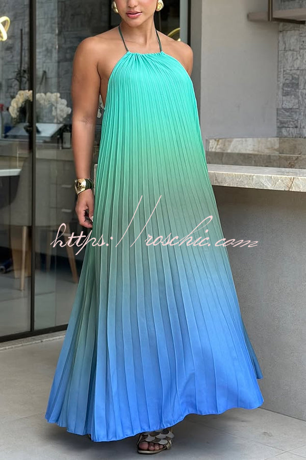 Sea Goddess Gradient Print Pleated Halter Backless A-line Maxi Dress