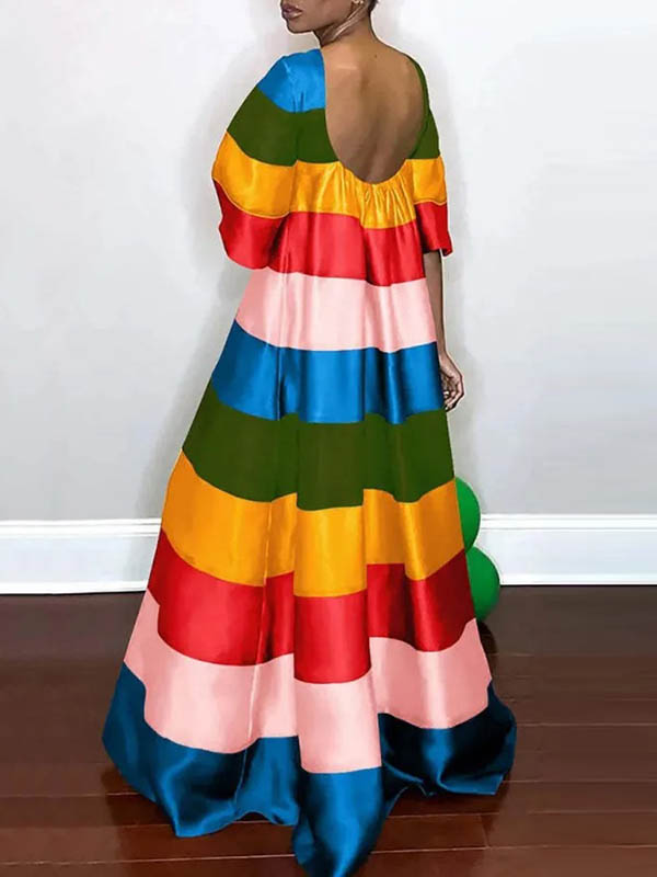 Flared Sleeves Half Sleeves Backless Contrast Color Multi-colored Striped Round-neck Maxi Dresses