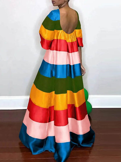 Flared Sleeves Half Sleeves Backless Contrast Color Multi-colored Striped Round-neck Maxi Dresses