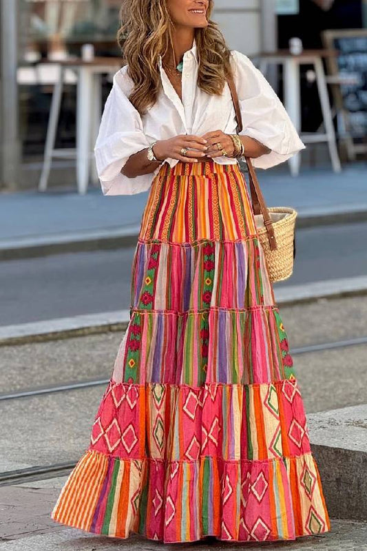 Color Block Style Retro Long Skirt