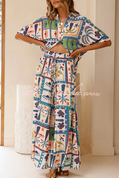 Unique Print Lapel Short Sleeve Loose Shirt and Elastic Waist Pocket Wide Leg Pants Set