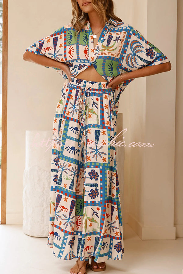 Unique Print Lapel Short Sleeve Loose Shirt and Elastic Waist Pocket Wide Leg Pants Set