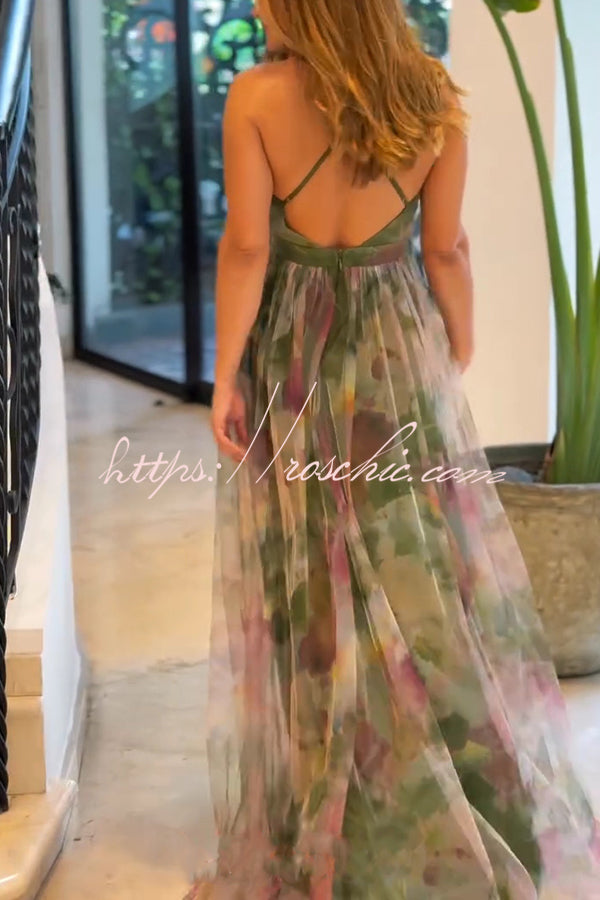 Kerrie Tulle Render Print Cross Back Straps Maxi Dress