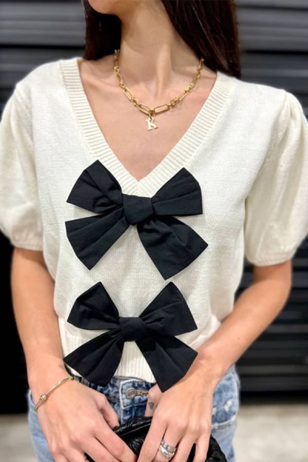 V-neck Short-sleeved Double Bow Color Sweater