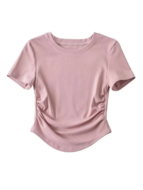 Harajuku Crew Neck Short Sleeve Cotton Tee With Ruched Sides Detail T-shirts