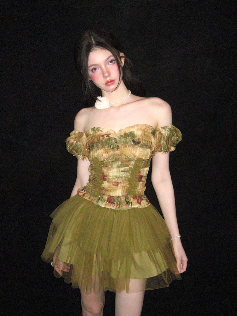 Retro Rose Tulle Frill Top & Mini Skirt