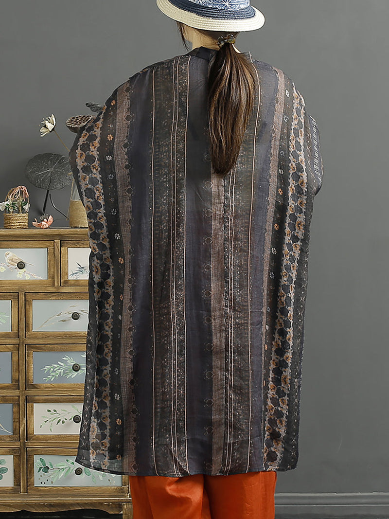 Summer Stripe Button-up 100%ramie Shirt Coat Kl1032