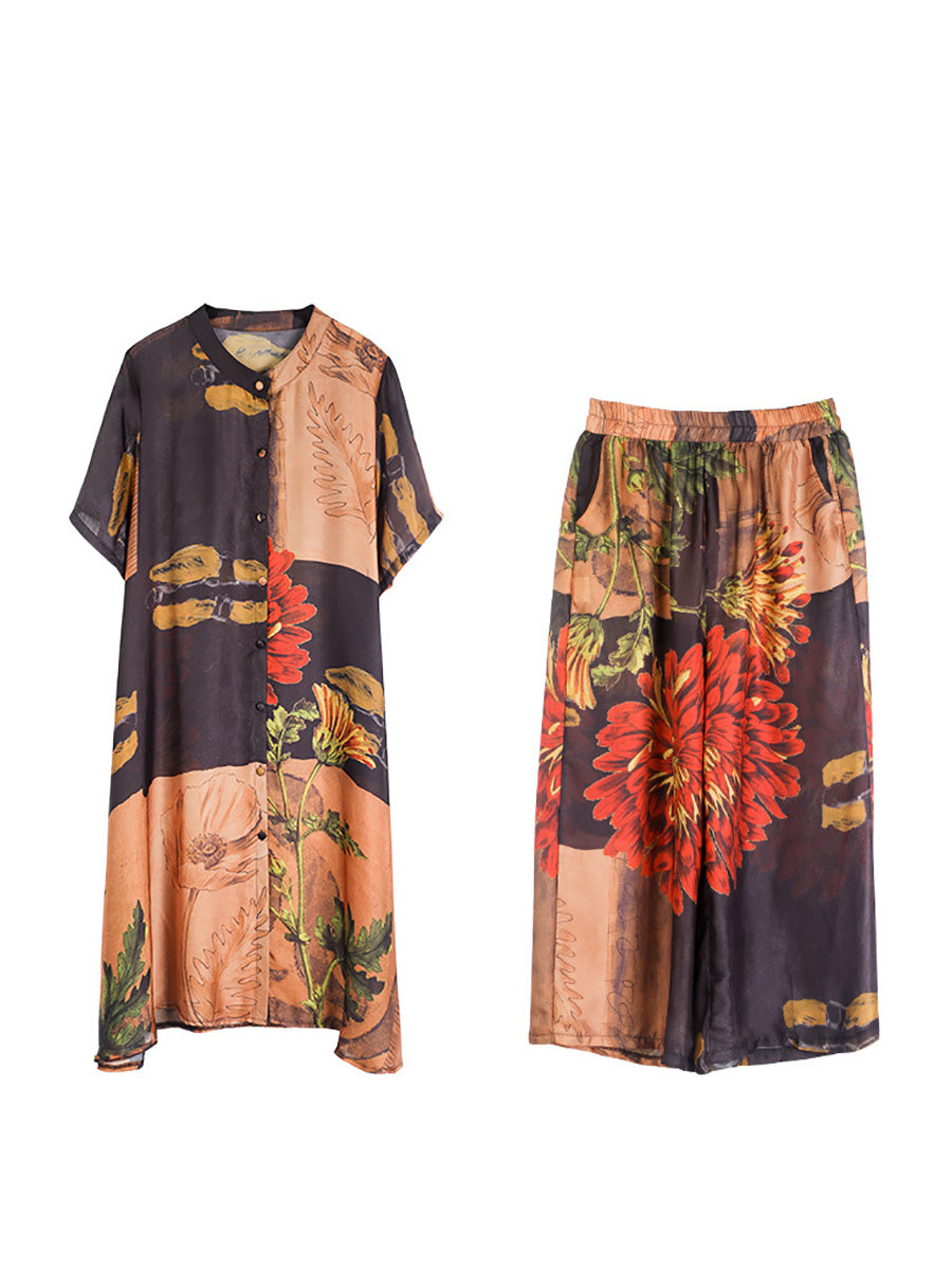 Artsy Flower Spliced Long Shirt+pants Hh053