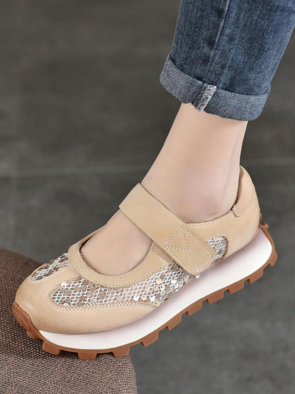 Summer Leather Spliced Mesh Sequin Platform Shoes Xx1022