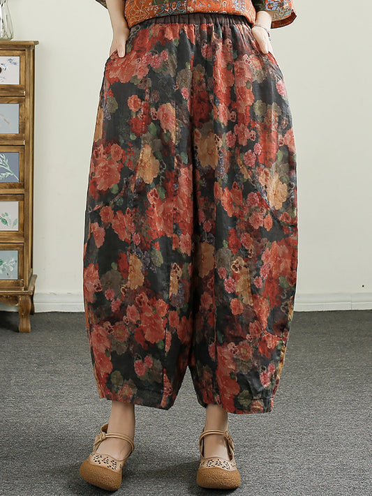 Summer Retro Print Ramie Harem Pants Cx052