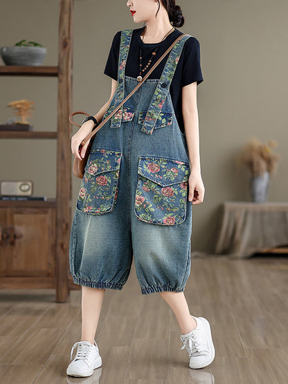 Summer Retro Flower Spliced Denim Jumpsuits Zz1021