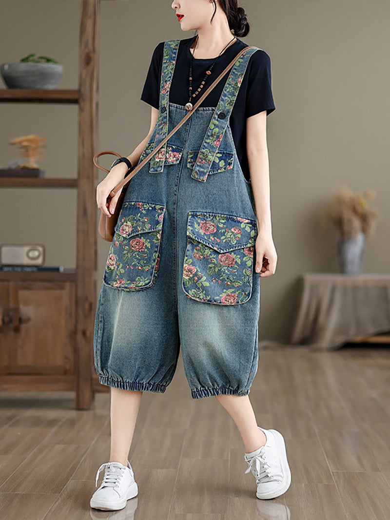 Summer Retro Flower Spliced Denim Jumpsuits Bn1030