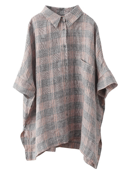 Retro Summer Plaid Linen Button-up Blouse Co1006