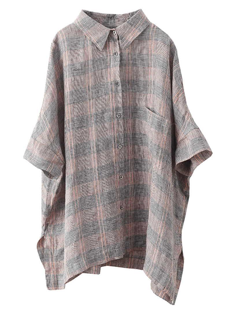 Retro Summer Plaid Linen Button-up Blouse Co1006