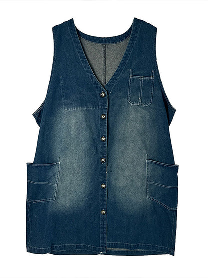 Summer Spliced V-neck Button-up Denim Vest Coat At1007