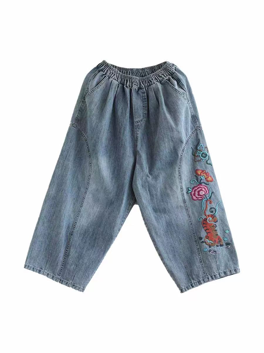 Artsy Flower Embroidery Denim Harem Pants As1006