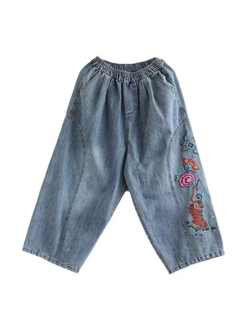 Artsy Flower Embroidery Denim Harem Pants As1006