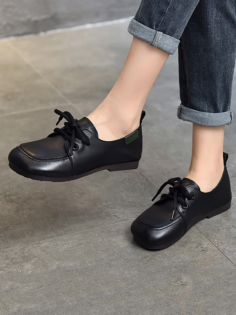 Summer Retro Leather Square Toe Flat Shoes Cx041