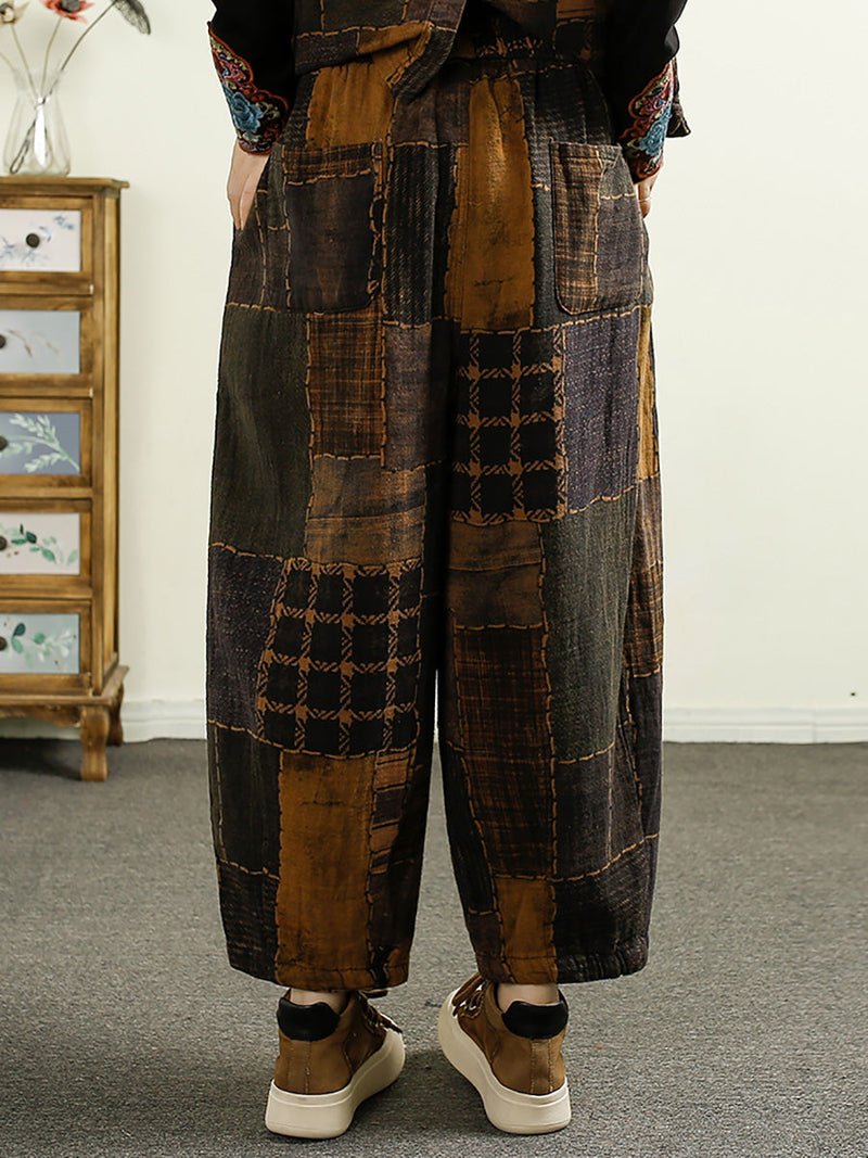 Autumn Plaid Spliced Cotton Harem Pants Ai1051