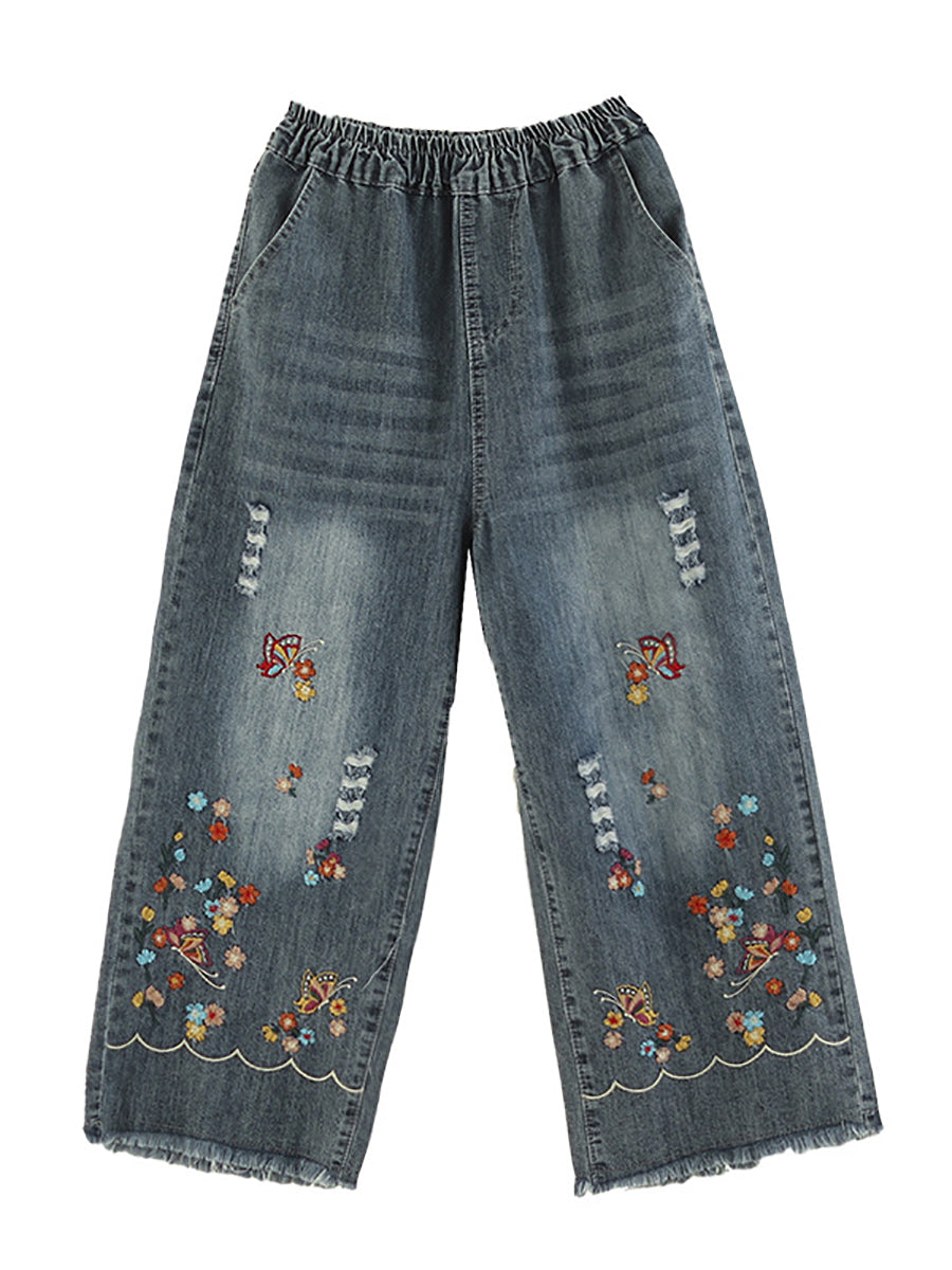 Summer Retro Embroidery Frayed Straight Denim Pants As1042
