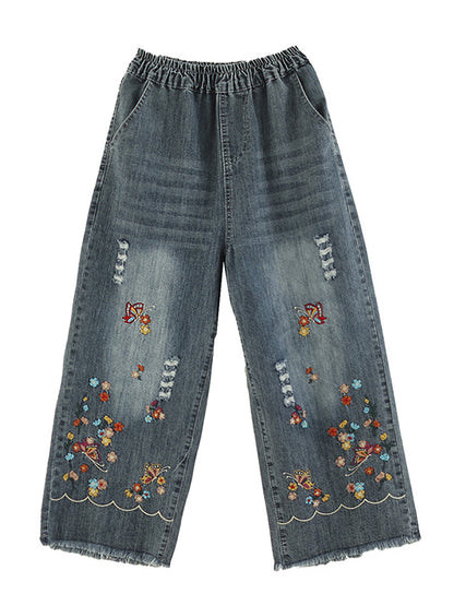 Summer Retro Embroidery Frayed Straight Denim Pants As1042