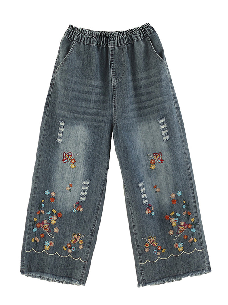 Summer Retro Embroidery Frayed Straight Denim Pants As1042