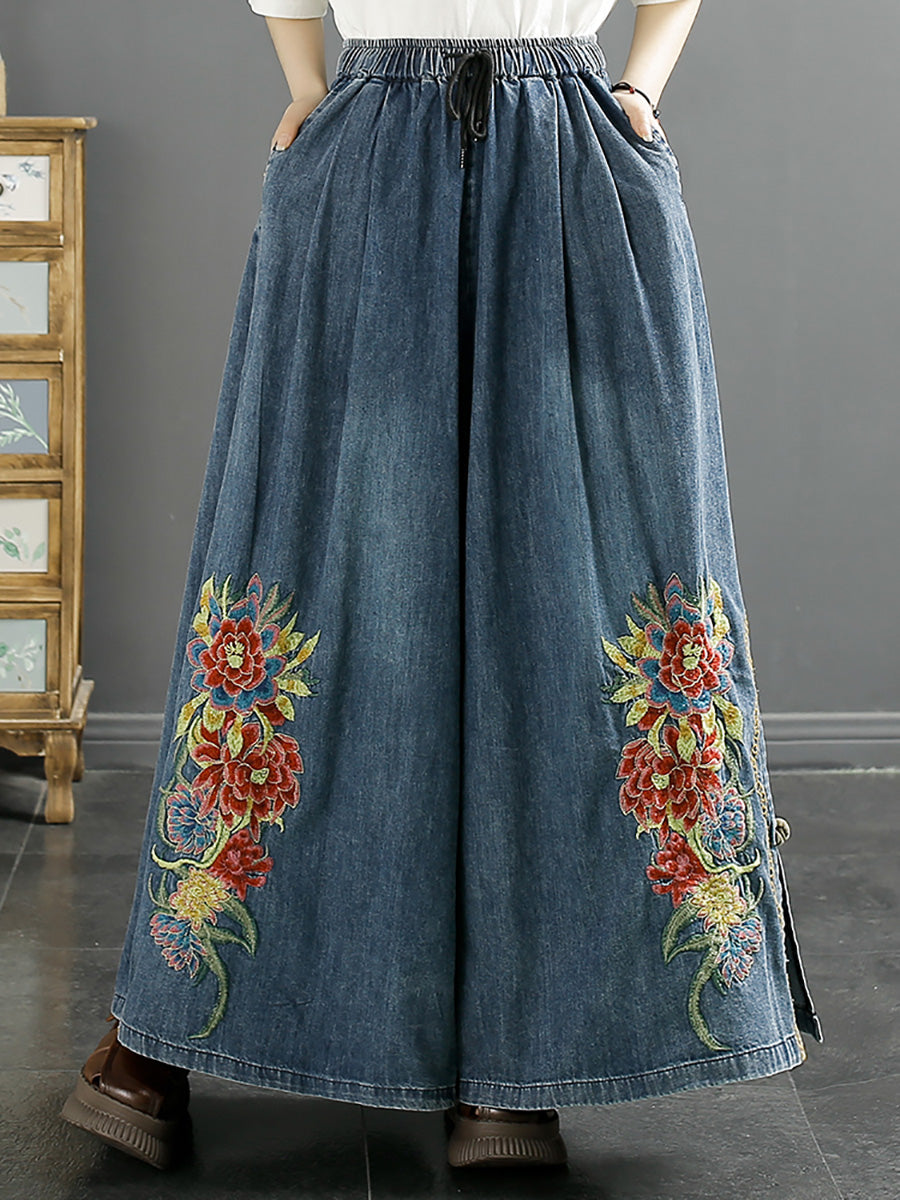 Summer Artsy Flower Embroidery Wide-leg Denim Pants Co1043