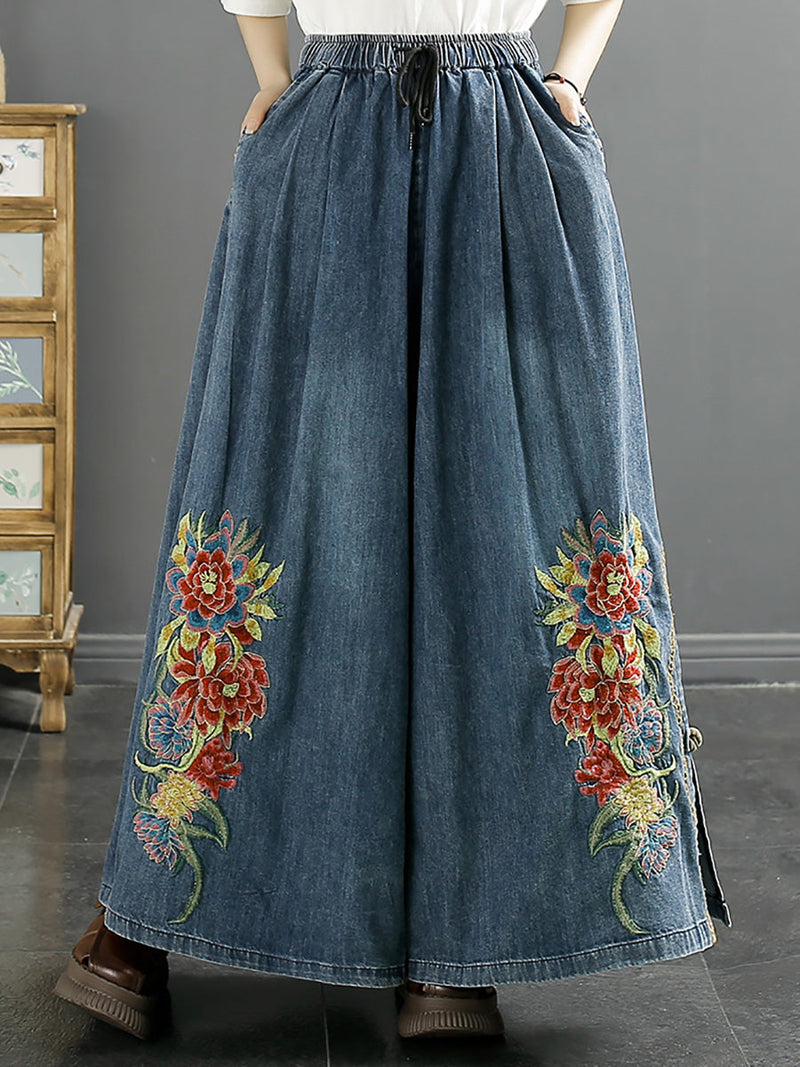 Summer Artsy Flower Embroidery Wide-leg Denim Pants Co1043