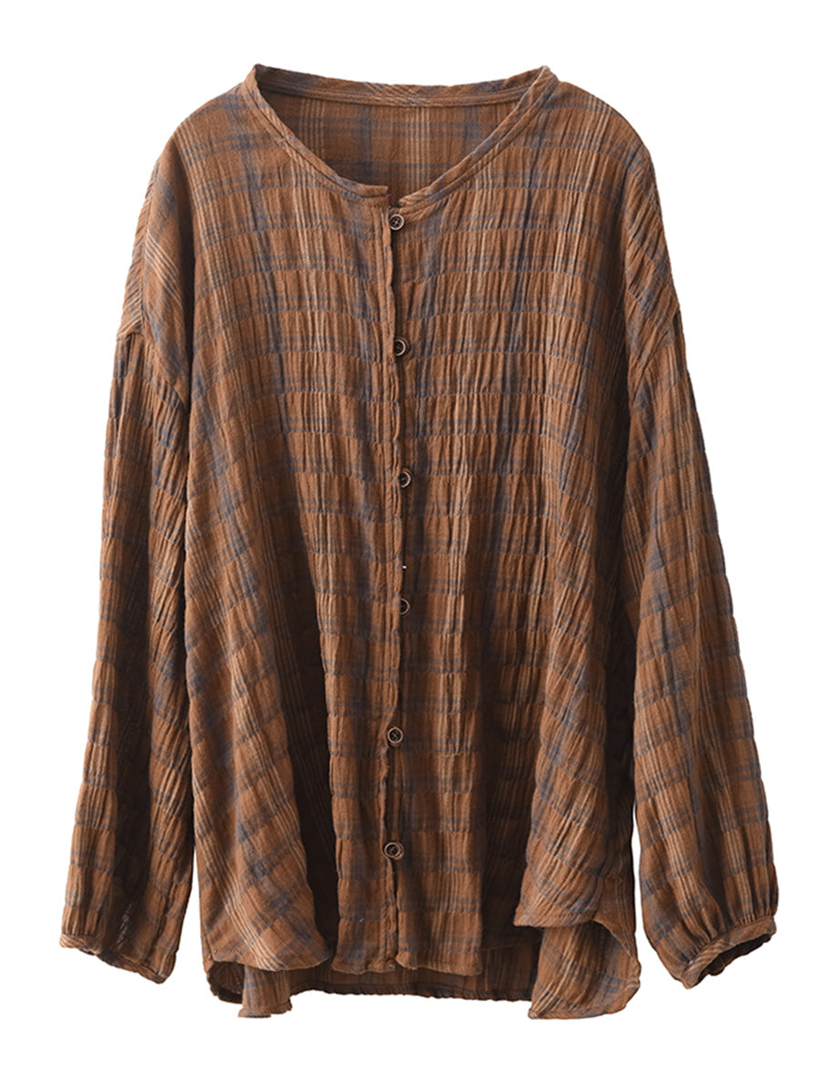 Spring Plaid Ramie Button Up Blouse Co1044