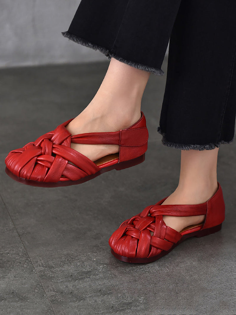 Summer Leather Flat Retro Weave Genuine Shoes