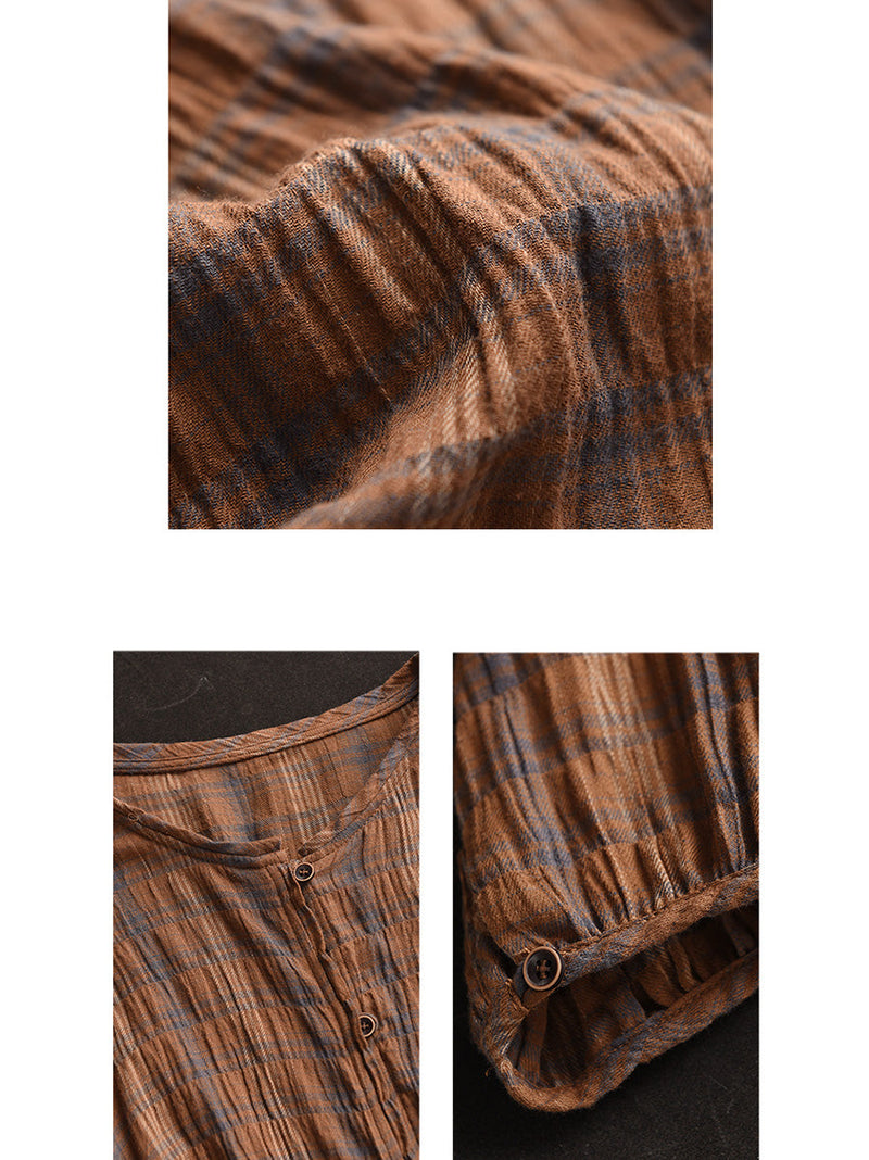 Spring Plaid Ramie Button Up Blouse Co1044