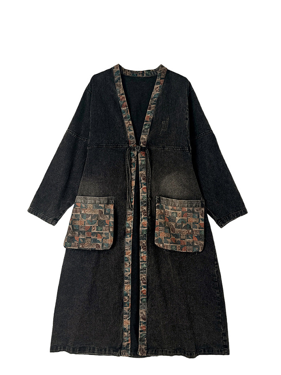 Autumn Worn Patch Colorblock Denim Coat Ah1067