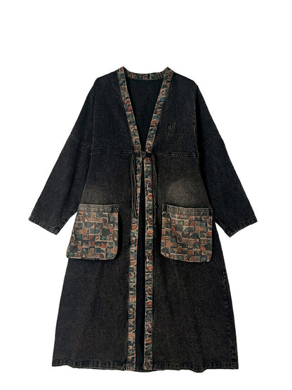 Autumn Worn Patch Colorblock Denim Coat Ah1067