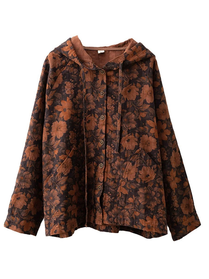 Autumn Flower Button Cotton Linen Hooded Coat Ah1013