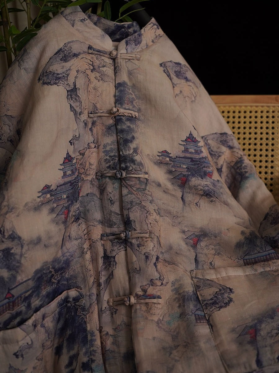 Autumn Print Button Stand Collar Ramie Coat At1053