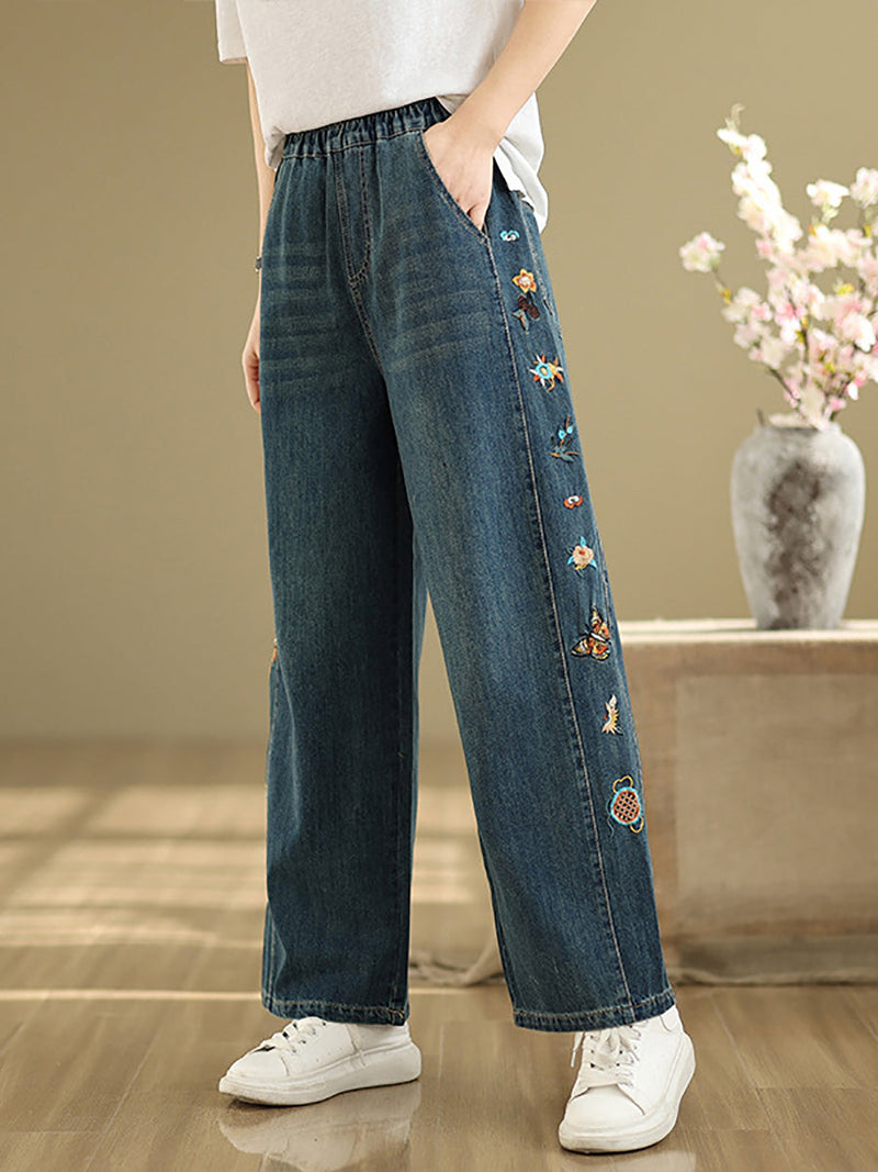 Pants Embroidery Wide-leg Retro Denim