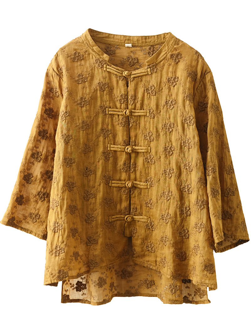 Flower Jacquard Button-up Ramie Blouse Sc1023