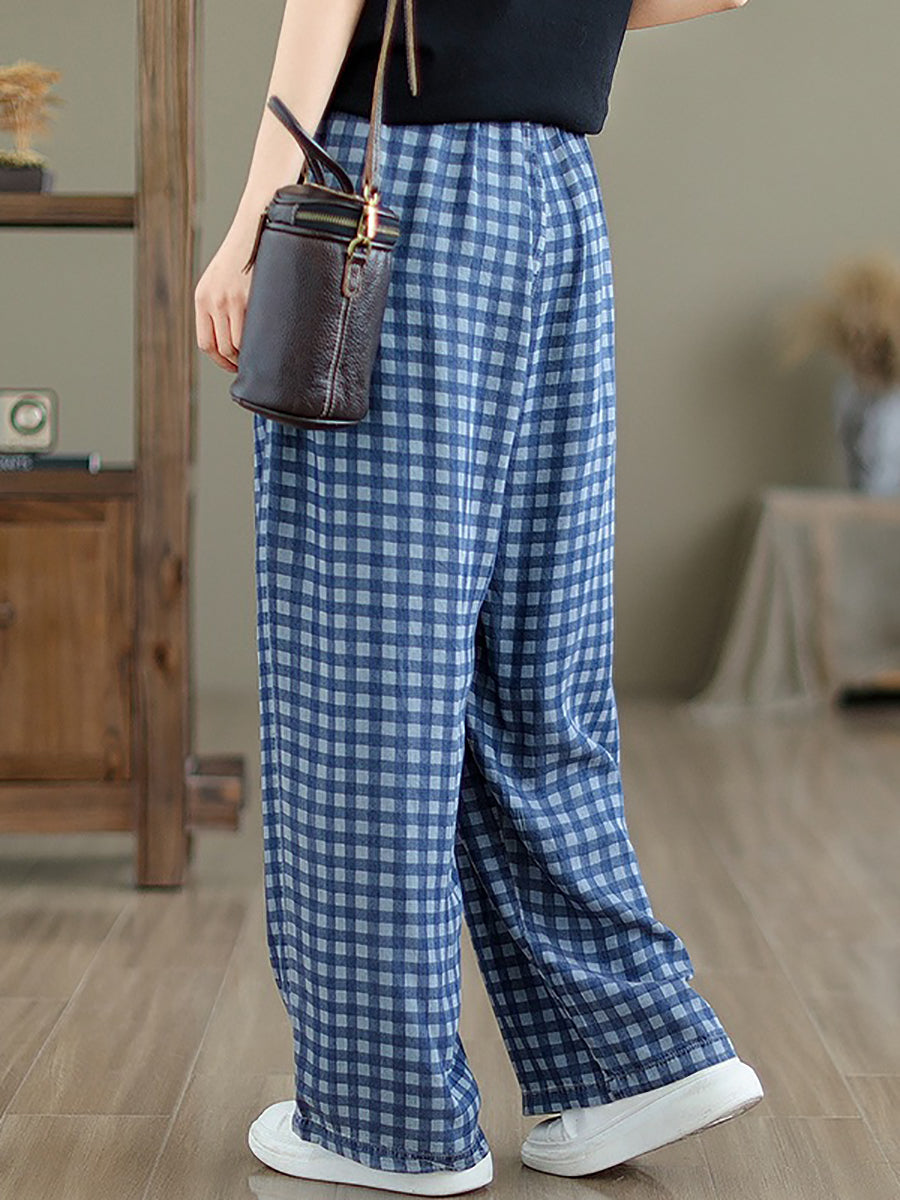 Summer Plaid Wide-leg Cotton Pants Op1028