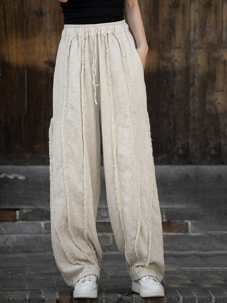 Raw-edge Wide-leg Ramie Pants Fd053