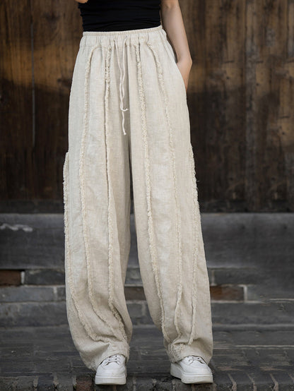 Raw-edge Wide-leg Ramie Pants Fd053