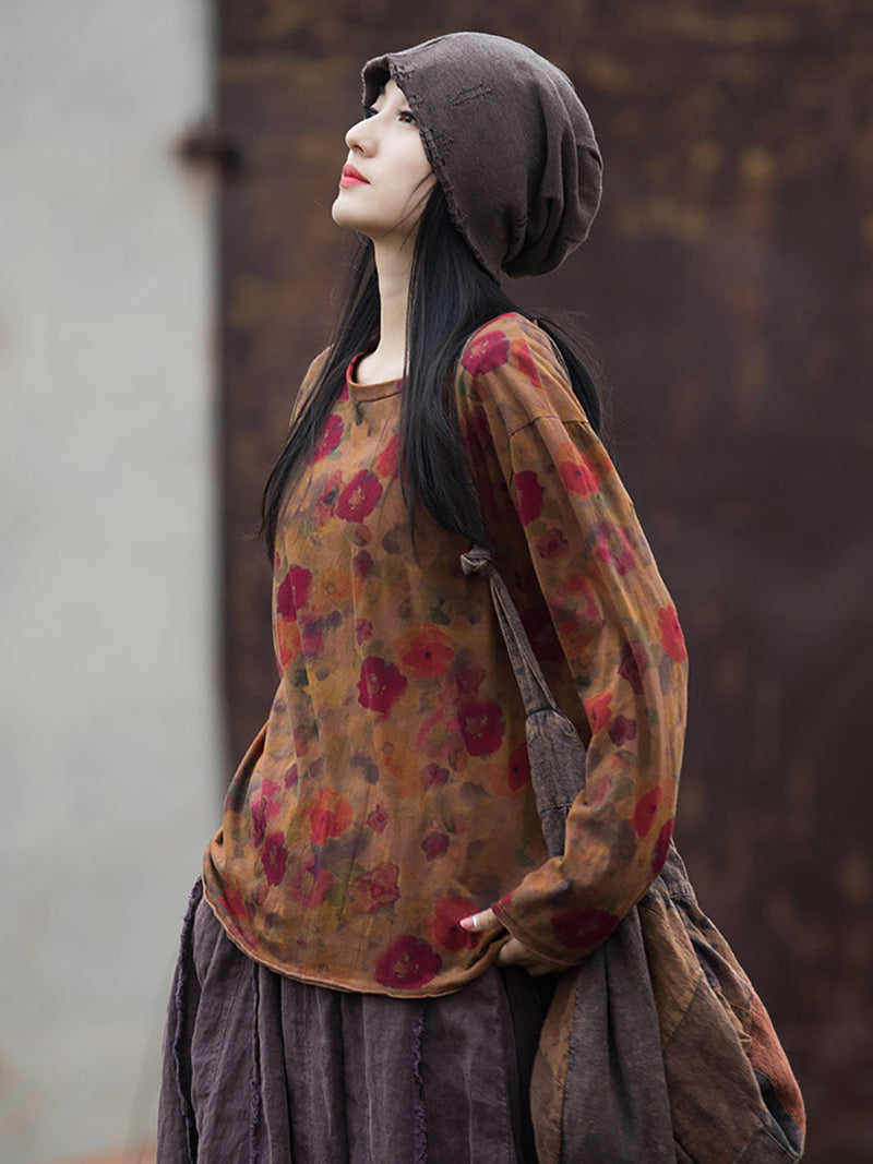 Autumn O-neck Flower Cotton Blouse At1008