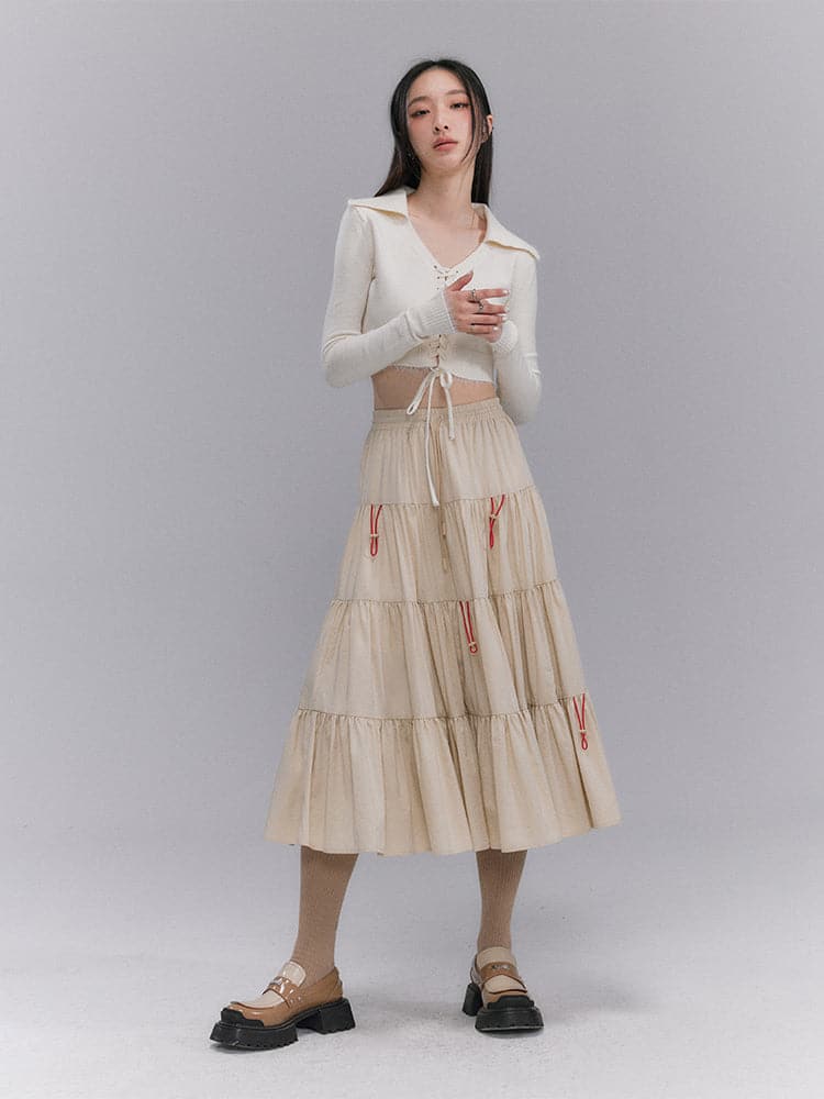 Crumply Flare Drawstring Tiered Long-skirt