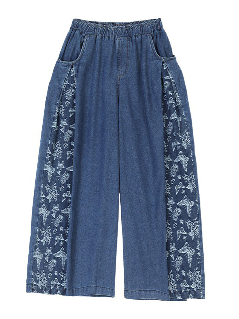 Summer Butterfly Spliced Wide-leg Denim Pants Kl1037