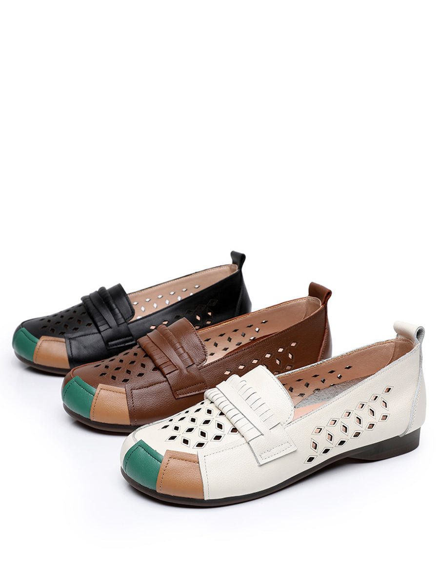Summer Leather Colorblock Cutout Flat Shoes Ui1030