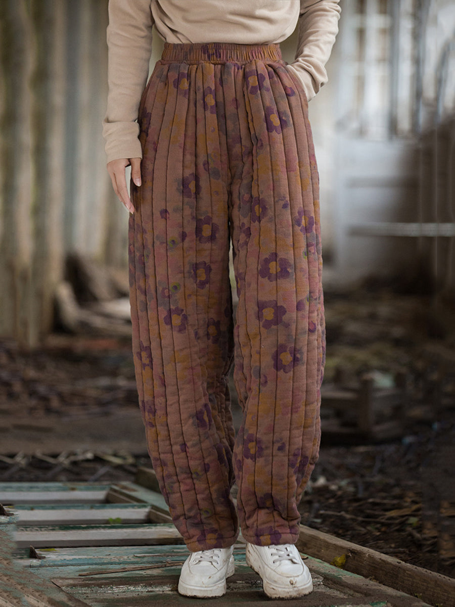 Winter Retro Flower Spliced Padded Cotton Harem Pants Wu014