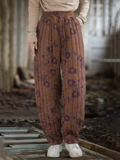 Winter Retro Flower Spliced Padded Cotton Harem Pants Wu014