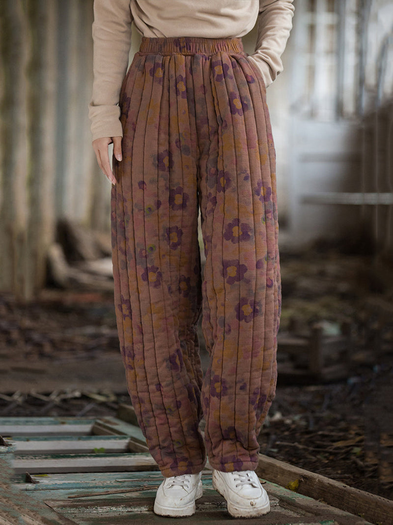 Winter Retro Flower Spliced Padded Cotton Harem Pants Wu014